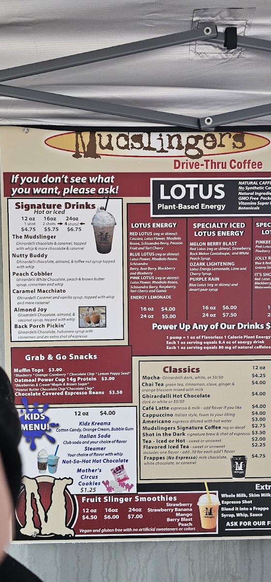 Detailed menu board with drink options and prices.